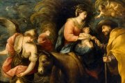 Avisado en sueños, tras la Adoración de los Reyes Magos, de que Herodes quería matar a Jesús, San José tomó a la Virgen María y al Salvador y partió de Belén. «La huida a Egipto» (detalle) de José Moreno (1670). Museo del Prado.