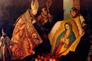 El indio Juan Diego, hoy ya santo, mostró al obispo Juan de Zumárraga su tilma en la que se había impreso la imagen de la Virgen.