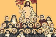Una representación de los mártires españoles, bajo Jesucristo con el estandarte 'Agnus redemit oves!, El Cordero redimió a las ovejas' (secuencia de Pascua).