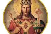 Cristo Rey y sacerdote, corona real, tiara pontificia, cetro y orbe, y la simbología del Sagrado Corazón
