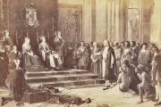 'Colón recibido por los Reyes Católicos al regresar de su primer viaje a América' (1874-1879) de Ricardo Balaca y Orejas Canseco (1844-1880), fotografiado por Juan Laurent y Minier (1816-1886). Museo del Prado.