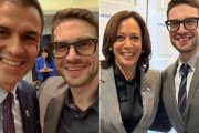 Alexander Soros, con Pedro Sánchez y Kamala Harris.