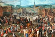 La civilización cristiana, con la iglesia y la cruz en el centro, se basaba en fundamentos que han sido casi destruidos. Gillis Mostaert, 'Fiesta popular' (1590).