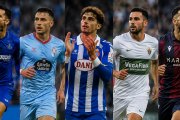Una representación de jugadores del Getafe, Celta, Espanyol, Elche y Levante, equipos ganadores de esta "Liga de los Talentos"