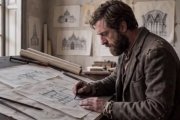 Antonio Gaudí, andrajoso, delineando la Sagrada Familia en la serie de vídeos IA Con El Papa