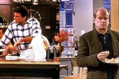 A la izquierda, junto a Ted Danson en Cheers; a la derecha, junto a David Hyde Pierce en Frasier.