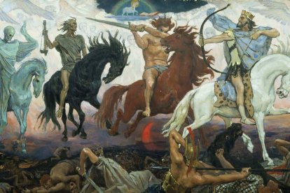 'Los cuatro jinetes del Apocalipsis' de Viktor Vasnetsov (detalle, 1887): de izquierda a derecha, la Muerte, el Hambre, la Guerra y el misterioso caballero del equino blanco, que algunos interpretan como el propio Jesucristo.