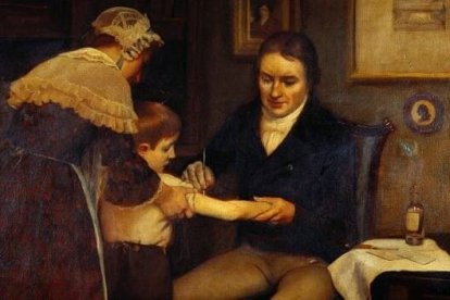 Jenner vacunando a James Phipps. Óleo pintado por Earnest Board (1920)