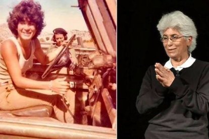 Jocelyne Khoueiry, en dos momentos muy distintos de su vida: a la izquierda, durante la guerra por la liberación del Líbano; a la derecha, en una conferencia en el Vaticano el 8 de marzo de 2014.