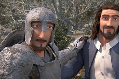 El peregrino, con armadura, acompañado de Evangelista, uno de sus guías ocasionales - un clásico espiritual del siglo XVII