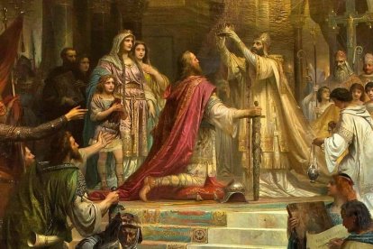 Coronación de Carlomagno por el Papa León III el 25 de diciembre del año 800 en la basílica de San Pedro. La unión del trono y el altar caracterizó durante casi mil quinientos años la sociedad europea. Óleo de Friedrich Kaulbach de 1861 (detalle).