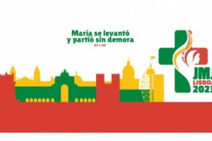 Con los colores de la bandera de Portugal, la Cruz, la llama del Espíritu y María en escucha y dispuesta a salir... logo JMJ 2023 de Lisboa
