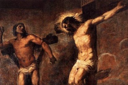 Su fe en Cristo como Salvador capaz de lavar sus pecados por pura misericordia llevó al Cielo al arrepentido San Dimas. Tiziano,  «Jesucristo y el Buen Ladrón» (detalle), 1566.