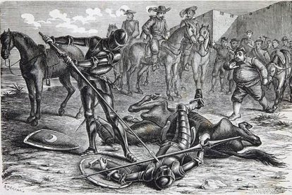 Don Quijote, vencido por el caballero de la Blanca Luna. Grabado de Celestino Sadurní sobre un dibujo de Ramó Puiggarí para una edición del Quijote de 1876.