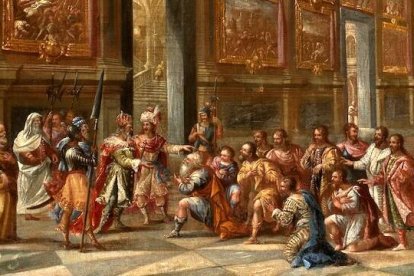 «José mostrando a su padre y sus hermanos al Faraón» (detalle), obrando así misericordia con quienes habían querido matarle. Cuadro de Francisco Gutiérrez Cabello (1662). Museo del Prado.