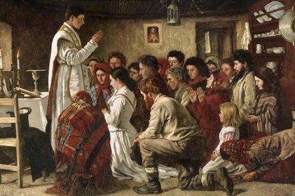 El celibato sacerdotal tiene su sentido en una entrega total por amor a Dios y a los demás. «Misa en Connemara Cabin» (1883, detalle), cuadro de Aloysius O'Kelly.