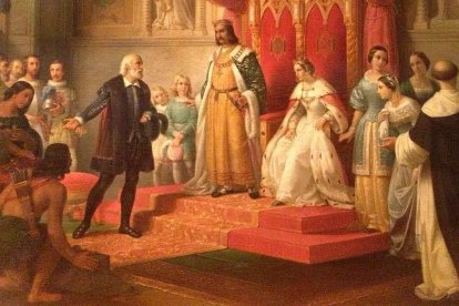 Desde el primer viaje de Colón estuvo presente en el designio de Isabel y Fernando la misión evangelizadora como política de estado. Imagen: Juan Cordero, «Cristóbal Colón en la Corte de los Reyes Católicos» (detalle, 1850).