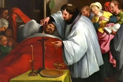 El sacramento de la Extremaunción, en una tabla de estilo flamenco de finales del siglo XVI. Fuente: Wikipedia.