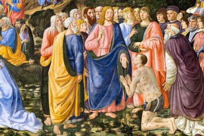 Nuestro Señor, modelo de humildad, pidió al leproso a quien había curado que no lo proclamase. Él no hizo caso. Imagen: la curación del leproso, detalle del fresco de Cosimo Rosselli «El Sermón de la Montaña» (1481-82), en la Capilla Sixtina.