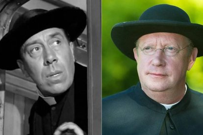 Don Camilo y el Padre Brown, en sus caracterizaciones más célebres: Fernandel para el cine en los años 50, y Mark Williams para la televisión en la serie de 2013, aún en antena en su novena temporada.