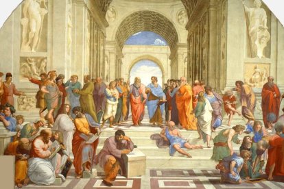 En 'La Escuela de Atenas' de Rafael (1509-1511), fresco en el Palacio Apostólico Vaticano, Platón y Aristóteles ocupan el centro y a la izquierda se ve cómo los sofistas (los padres del lenguaje eufemístico y políticamente correcto de hoy) son expulsados de la Academia, donde se busca la Verdad.