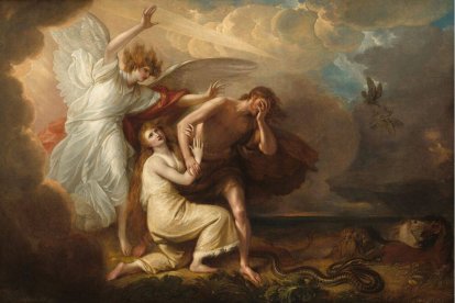Benjamin West, 'Expulsión de Adán y Eva del Paraíso' (1791), National Gallery of Art, Washington, DC. Adán culpa a Eva, Eva a la serpiente: ninguno de los dos reconoce su culpa y ambos terminan fuera del Edén.
