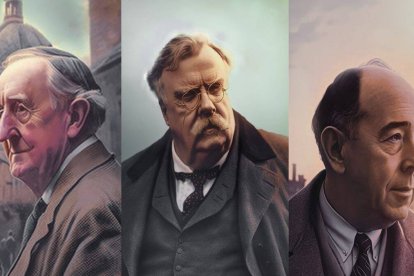 De izquierda a derecha, los retratos de Tolkien, Chesterton y Lewis que orlan el cronograma del II Congreso Internacional sobre sus figuras que se va a celebrar en Buenos Aires, con acceso en directo 'on line'.