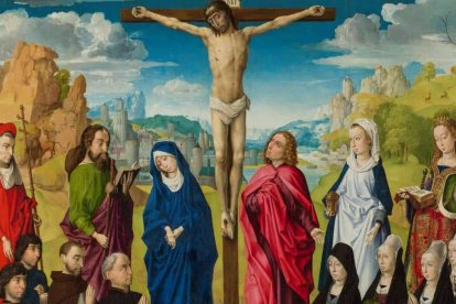 María, al pie del Calvario en un óleo sobre tabla pintado en torno a 1475 por un seguidor de Hugo van der Goes. Museo del Prado.