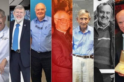 Algunos científicos de fama mundial del siglo XXI que creen en Dios: de izquierda a derecha, Francis Collins, William Phillips, John Lennox, John Polkinghorne, Freeman Dyson, Allan Sandage y Ricyhard Smalley.