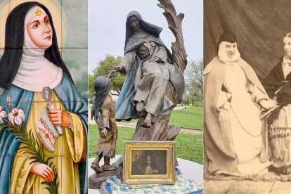 De izquierda a derecha, Santa Beatriz de Silva (1424-1492), Sor María de Jesús de Ágreda (1602-1665) predicando a los indios en América en bilocación y Sor Patrocionio (1811-1891) junto a la reina Isabel II.