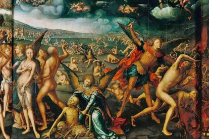 Jean Bellegambe (1470-1536), 'Juicio final' (detalle). En primer término, vemos la resurrección de los cuerpos y el contrapuesto trato que reciben los resucitados por parte de unos ángeles u otros, según vaya a ser su destino eterno.