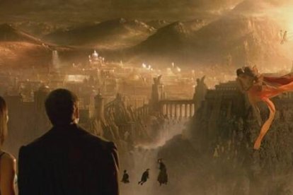 Cuerpos sutiles que vuelan, de resucitados, en la película de 1998 Más Allá de los Sueños