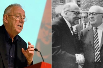 En la foto de la izquierda, Alasdair MacIntyre (n. 1929). En la foto de la derecha, Max Horkheimer (1895-1973, izquierda) y Theodor Adorno (1903-1969).