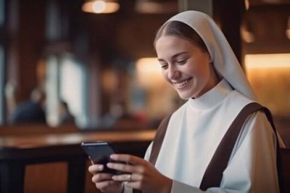 Una monja encantada con su móvil... pero es una foto generada usando AI en Freepik
