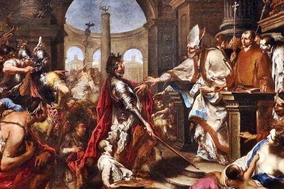 San Ambrosio expulsa de la iglesia al emperador Teodosio, instándole a penitencia: un cuadro de Alessandro Magnasco (1667-1749) que se conserva en el Art Institut de Chicago.