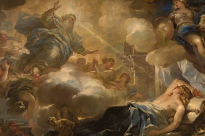 Dios inspira la sabiduría en Salomón, modelo de gobernante prudente, mientras duerme: 'El sueño de Salomón' (detalle, 1696) de Luca Giordano. Museo del Prado.