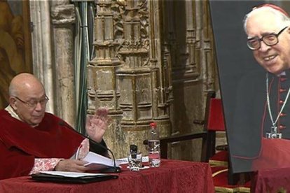 Santiago Calvo, el 16 de enero de 2018, durante una conferencia sobre Don Marcelo en la catedral de Toledo, con motivo del centenario de su nacimiento.