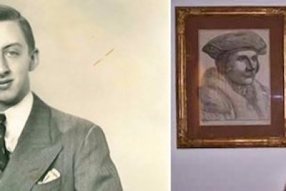 Dunstan Thompson, en una foto de 1936; a la derecha, Philip Trower bajo un retrato de Santo Tomás Moro.