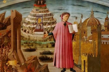 Alegoría de Dante y la Divina Comedia, tela de Domenico di Michelino (detalle, 1465) para la catedral de Florencia. La concepción de la política del poeta florentino se expresa sobre todo en su tratado sobre la monarquía.