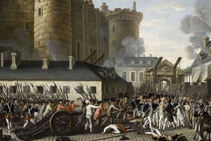 La toma de la fortaleza-prisión de la Bastilla, el 14 de julio de 1789 (en la imagen, en un cuadro de autor anónimo que recoge el apresamiento de su gobernador, el marqués de Launay), se considera el inicio simbólico de la Revolución Francesa.