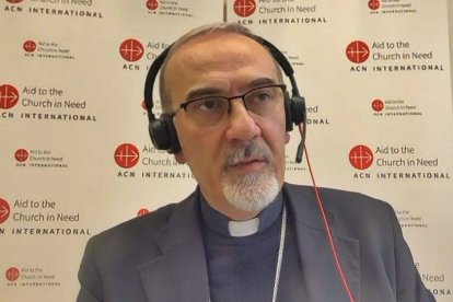 El cardenal Pierbattista Pizzaballa, durante la rueda de prensa internacional convocada por Ayuda a la Iglesia Necesitada.