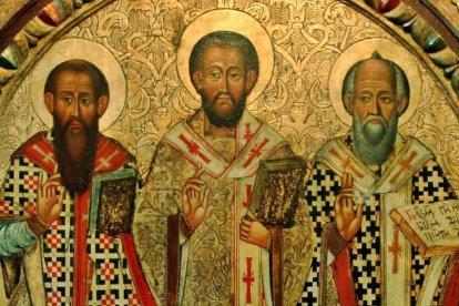 Los Padres Capadocios, del siglo IV: San Basilio de Cesarea, San Gregorio de Nisa y San Gregorio Nacianceno. Icono de Lipie, Museo Histórico de Sanok (Polonia). Wikipedia.