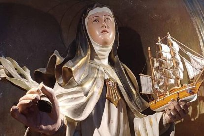 El escudo de la Merced con su heráldica barcelonesa y un barco son símbolos de la mercedaria Santa María de Cervelló