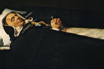 San Simón de Rojas en un retrato de 1624, año de su muerte, obra de Diego de Silva y Velázquez. Lleva bordado su lema y gran apostolado: el Ave María.