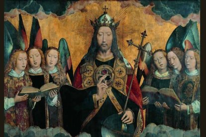 La realeza de Cristo se fundamenta en su condición de Hijo de Dios encarnado y sus títulos de Creador y Redentor. Hans Memling (c. 1440-1494), 'Cristo rodeado de ángeles músicos'.