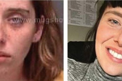 El antes y el después de Meagan. A la izquierda la foto de su ficha policial, a la derecha la nueva Megan, madre y evangelizadora