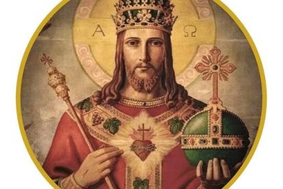 Cristo Rey y sacerdote, corona real, tiara pontificia, cetro y orbe, y la simbología del Sagrado Corazón
