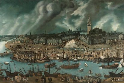 'Vista de la Ciudad de Sevilla', óleo atribuido a Alonso Sánchez Coello (1531-1588, Museo del Prado). Por la ciudad, sede de la Casa de la Contratación de Indias, paseaban en esa época santos, héroes, sabios y artistas sin igual.