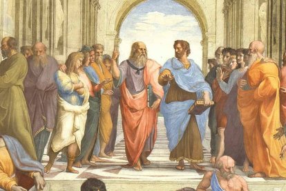 Detalle de 'La Escuela de Atenas' de Rafael (1509-1511): ocupan el centro Platón (a la izquierda) y Aristóteles (a la derecha).