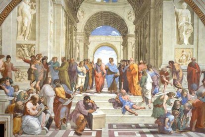 'La Escuela de Atenas' (1511) de Rafael Sanzio, fresco en los Palacios Vaticanos.